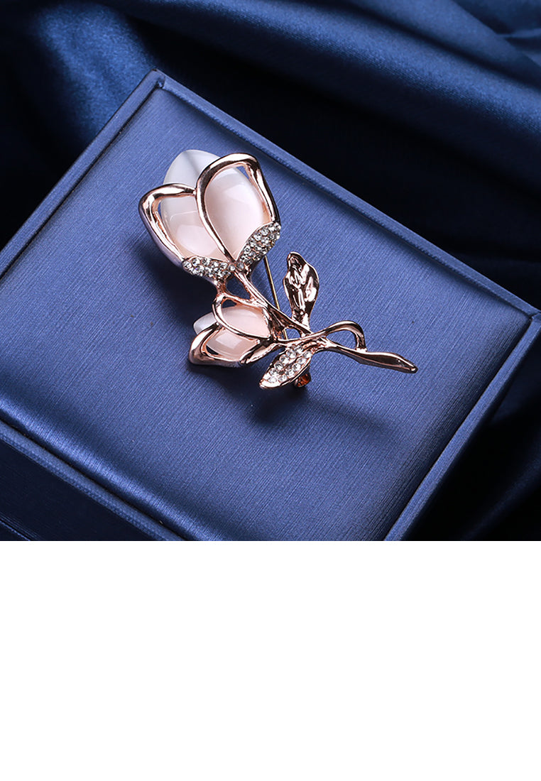 Fashion and Elegant Plated Gold Tulip Opal Brooch with Cubic Zirconia - Luxurious Look