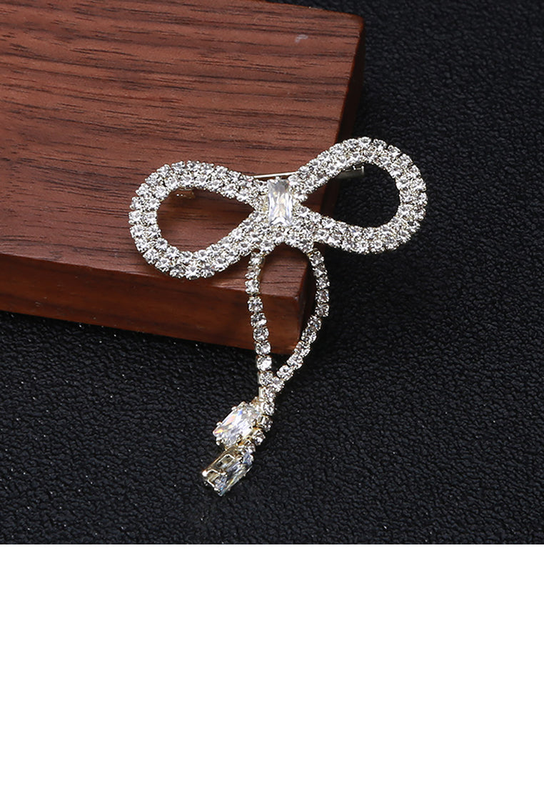 Simple and Cute Plated Gold Bow Tassel Brooch with Cubic Zirconia - Luxurious Look