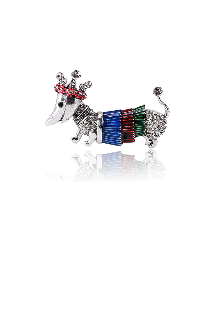 Simple and Cute Red Flower Crown Puppy Brooch with Cubic Zirconia - Luxurious Look - Vibrant Color