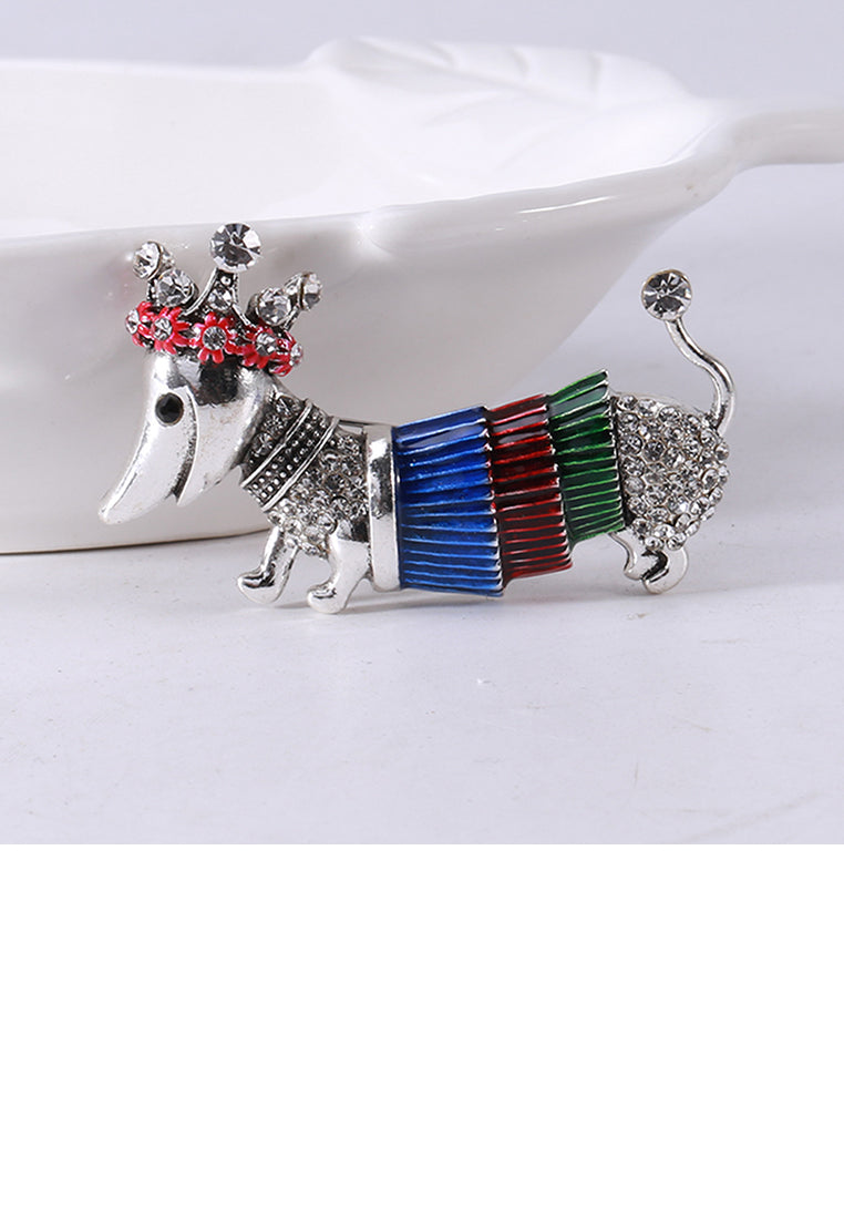 Simple and Cute Red Flower Crown Puppy Brooch with Cubic Zirconia - Luxurious Look - Vibrant Color
