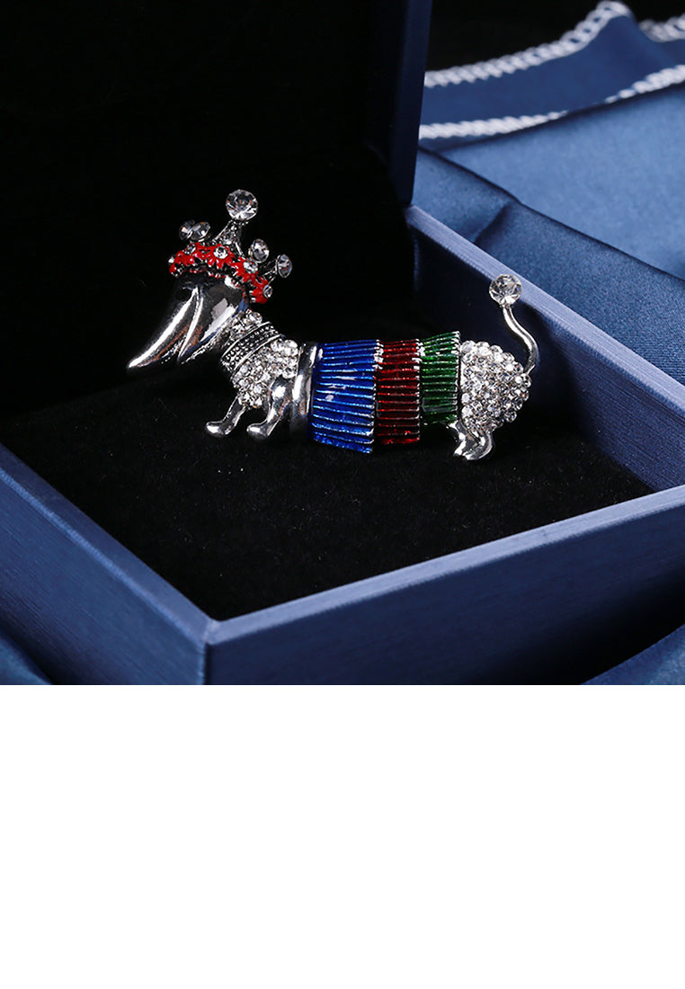 Simple and Cute Red Flower Crown Puppy Brooch with Cubic Zirconia - Luxurious Look - Vibrant Color