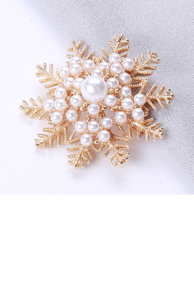 Fashion and Elegant Plated Gold Snowflake Imitation Pearl Brooch - Luxurious Look