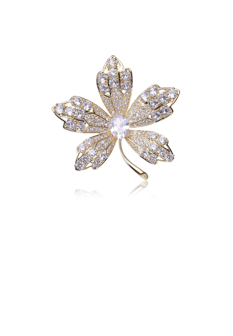 Fashion and Elegant Plated Gold Maple Leaf Brooch with Cubic Zirconia - Luxurious Look