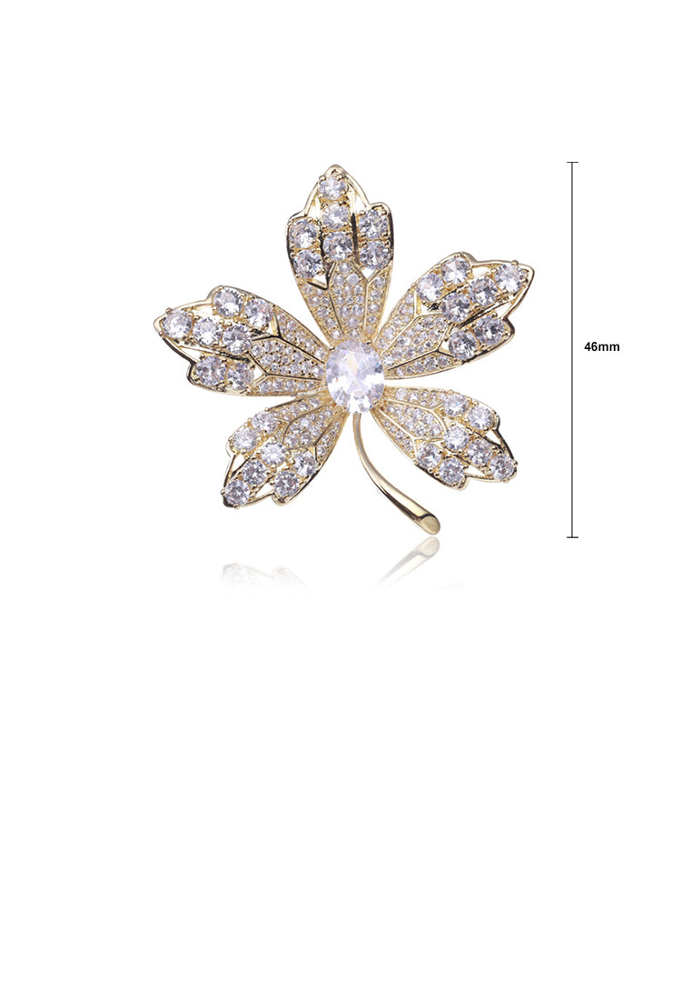 Fashion and Elegant Plated Gold Maple Leaf Brooch with Cubic Zirconia - Luxurious Look