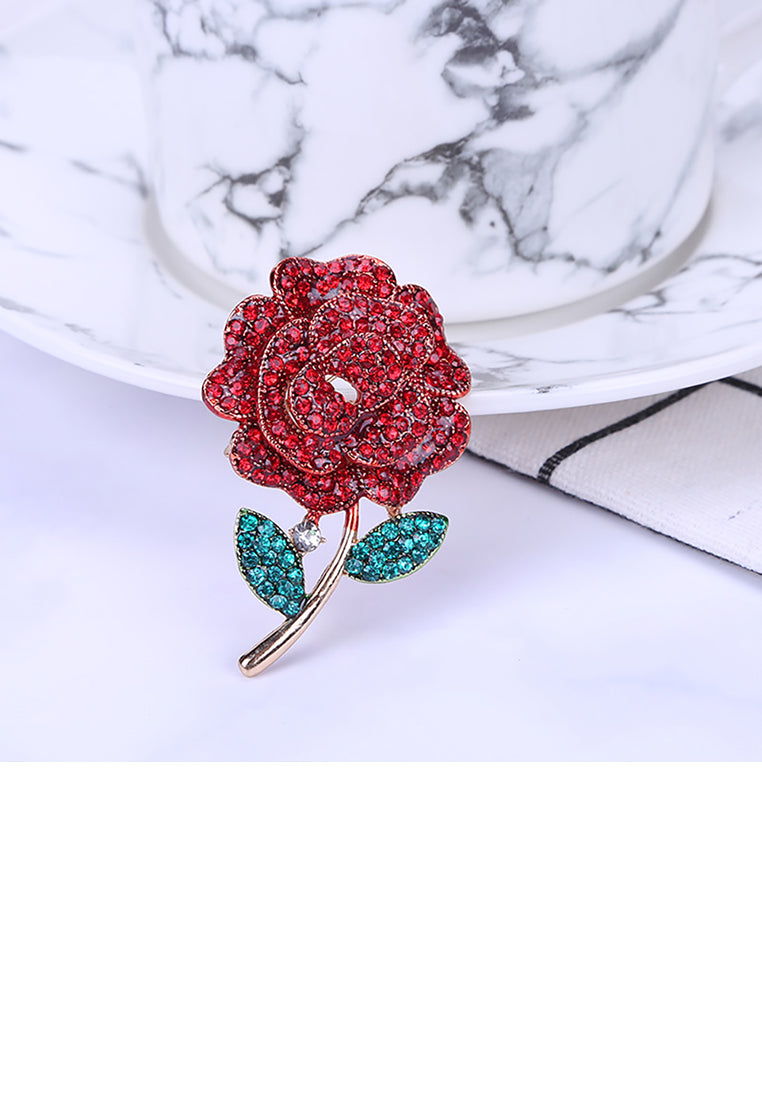 Fashion Bright Plated Gold Rose Brooch with Cubic Zirconia - Luxurious Look