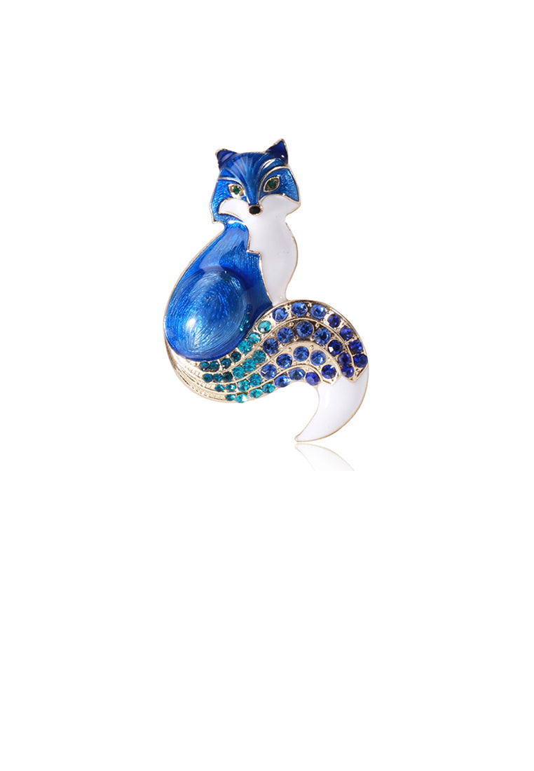 Simple and Cute Plated Gold Enamel Blue Fox Brooch with Cubic Zirconia - Luxurious Look