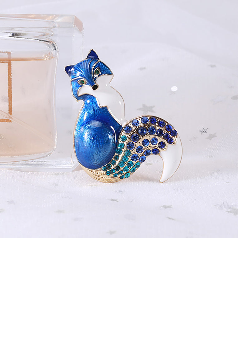 Simple and Cute Plated Gold Enamel Blue Fox Brooch with Cubic Zirconia - Luxurious Look