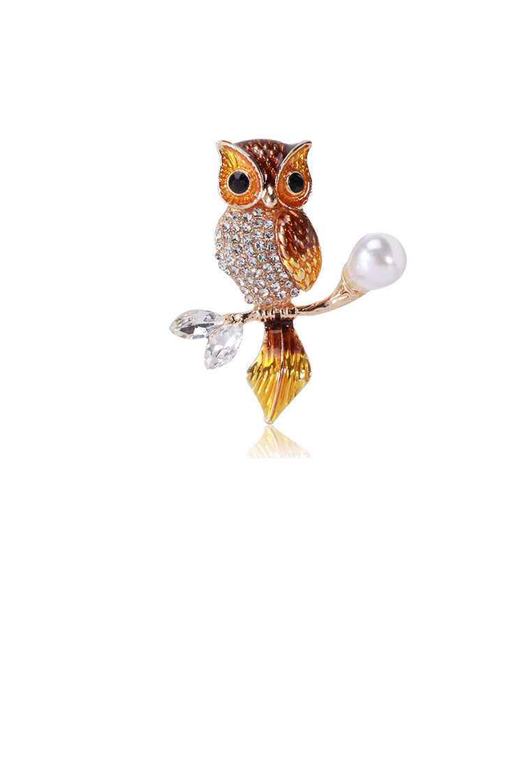 Fashion and Simple Plated Gold Enamel Brown Owl Imitation Pearl Brooch with Cubic Zirconia - Luxurious Look - Vibrant Color