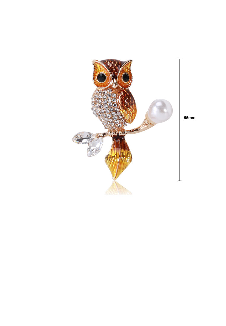 Fashion and Simple Plated Gold Enamel Brown Owl Imitation Pearl Brooch with Cubic Zirconia - Luxurious Look - Vibrant Color