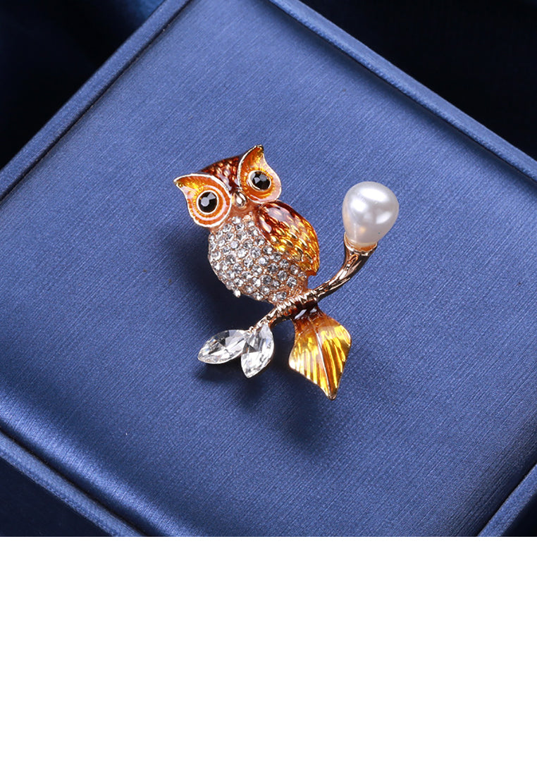 Fashion and Simple Plated Gold Enamel Brown Owl Imitation Pearl Brooch with Cubic Zirconia - Luxurious Look - Vibrant Color