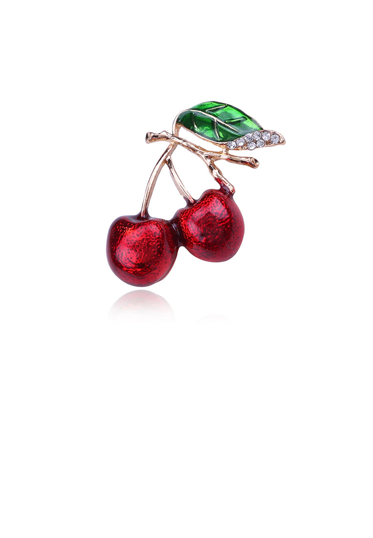 Simple and Sweet Plated Gold Cherry Brooch with Cubic Zirconia - Luxurious Look
