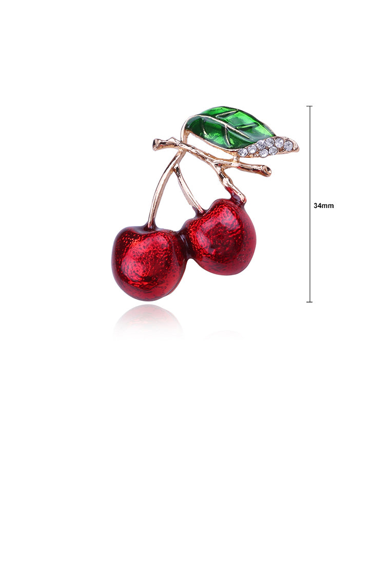 Simple and Sweet Plated Gold Cherry Brooch with Cubic Zirconia - Luxurious Look