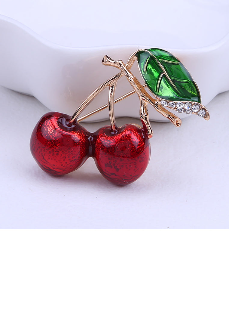 Simple and Sweet Plated Gold Cherry Brooch with Cubic Zirconia - Luxurious Look