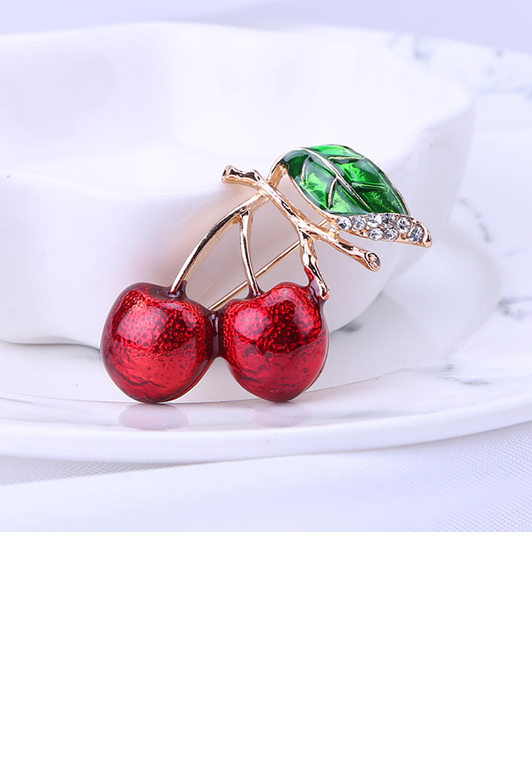 Simple and Sweet Plated Gold Cherry Brooch with Cubic Zirconia - Luxurious Look