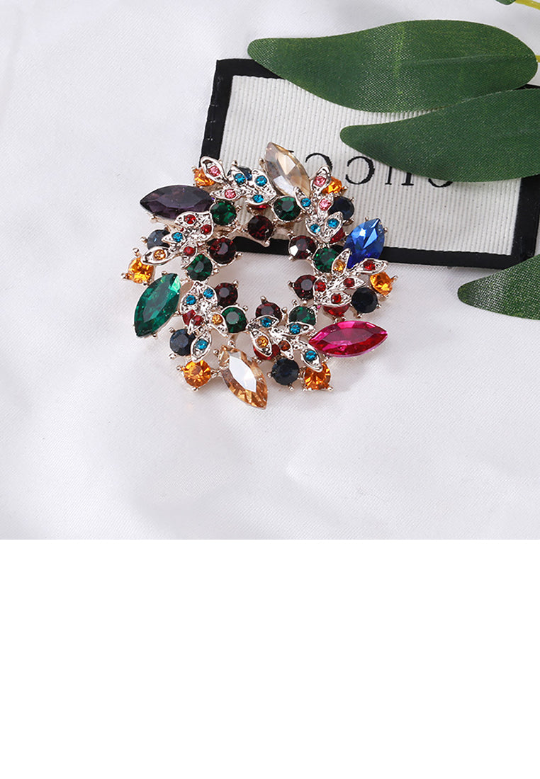 Fashion Bright Plated Gold Wreath Geometric Brooch with Colorful Cubic Zirconia - Luxurious Look