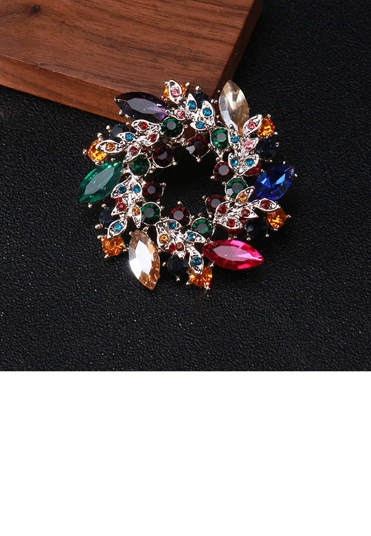 Fashion Bright Plated Gold Wreath Geometric Brooch with Colorful Cubic Zirconia - Luxurious Look
