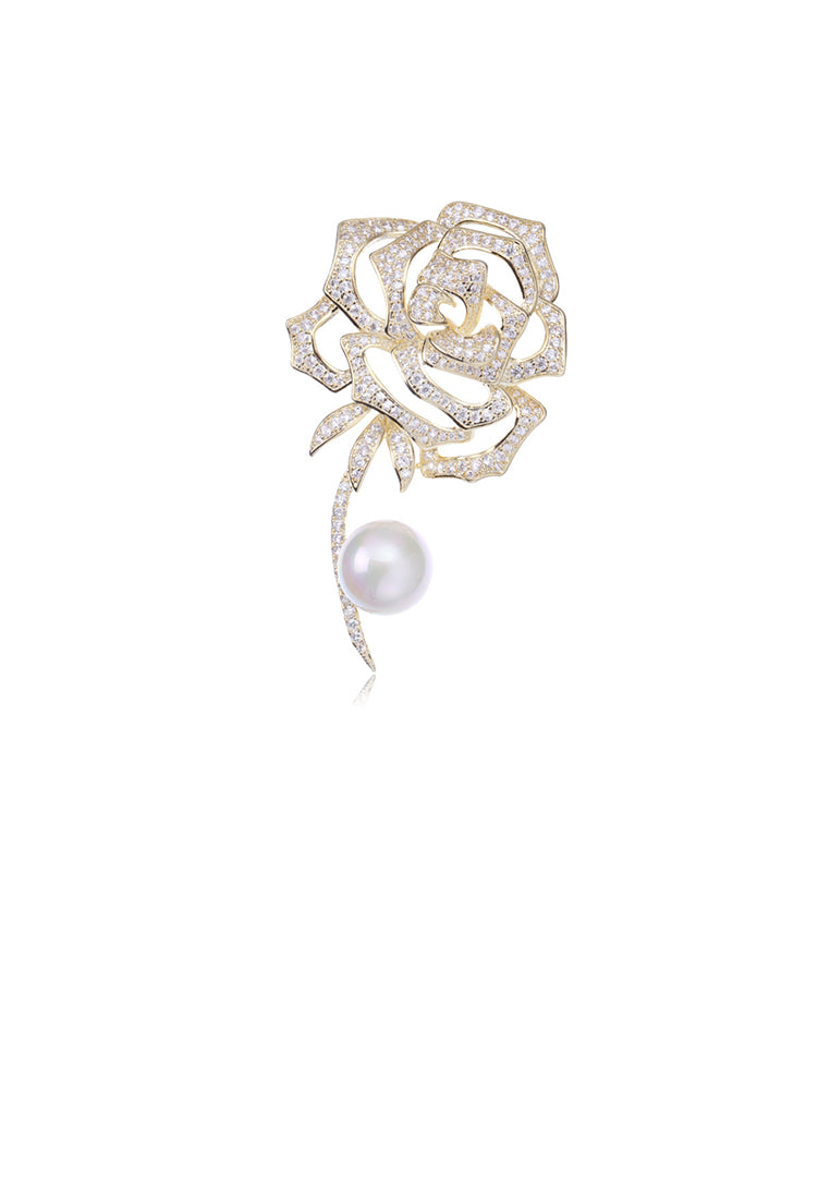 Fashion and Elegant Plated Gold Rose Flower Imitation Pearl Brooch with Cubic Zirconia - Luxurious Look