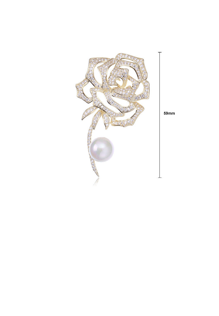 Fashion and Elegant Plated Gold Rose Flower Imitation Pearl Brooch with Cubic Zirconia - Luxurious Look