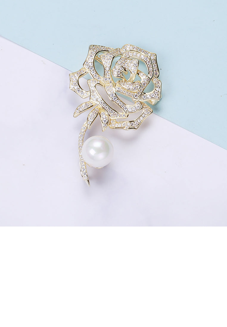 Fashion and Elegant Plated Gold Rose Flower Imitation Pearl Brooch with Cubic Zirconia - Luxurious Look