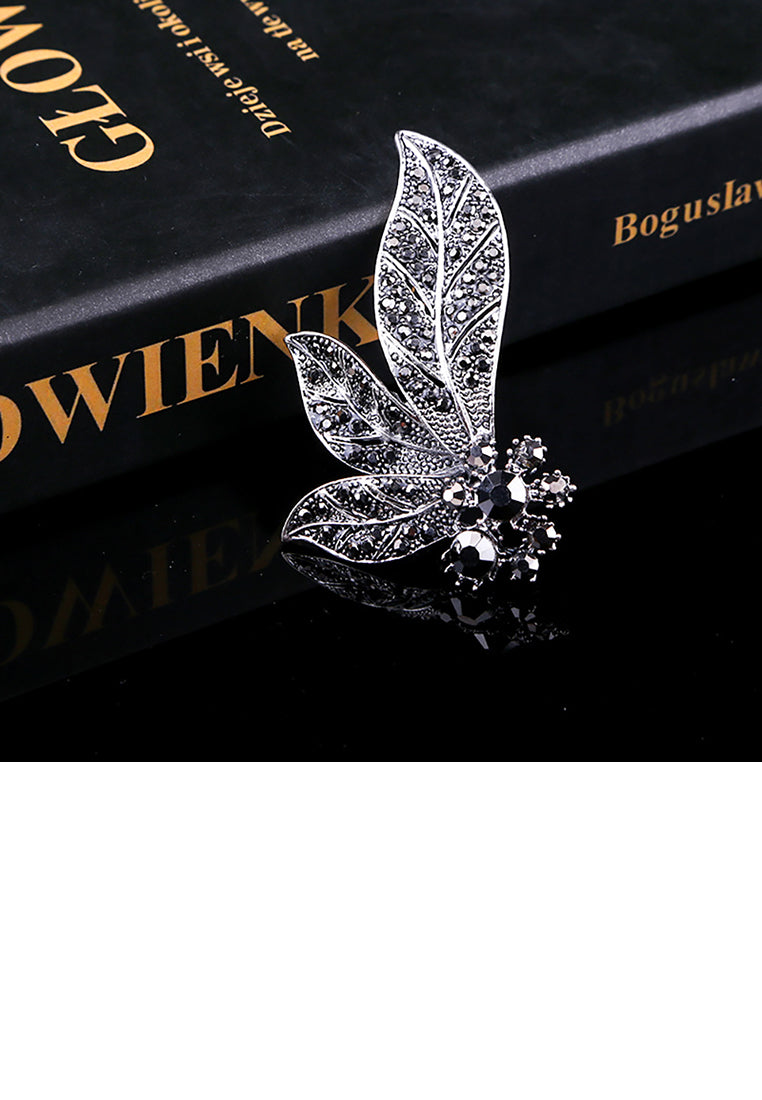 Fashion and Elegant Flower Leaf Brooch with Black Cubic Zirconia - Luxurious Look
