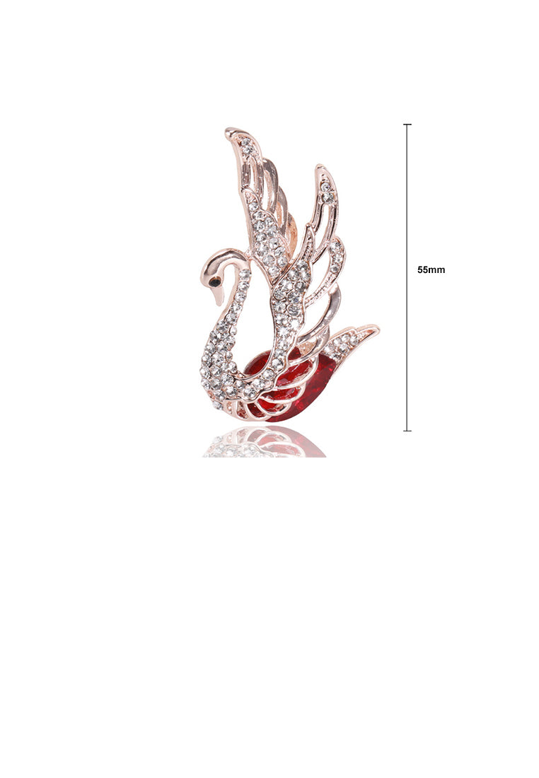 Fashion and Elegant Plated Gold Swan Brooch with Red Cubic Zirconia - Luxurious Look - Vibrant Color