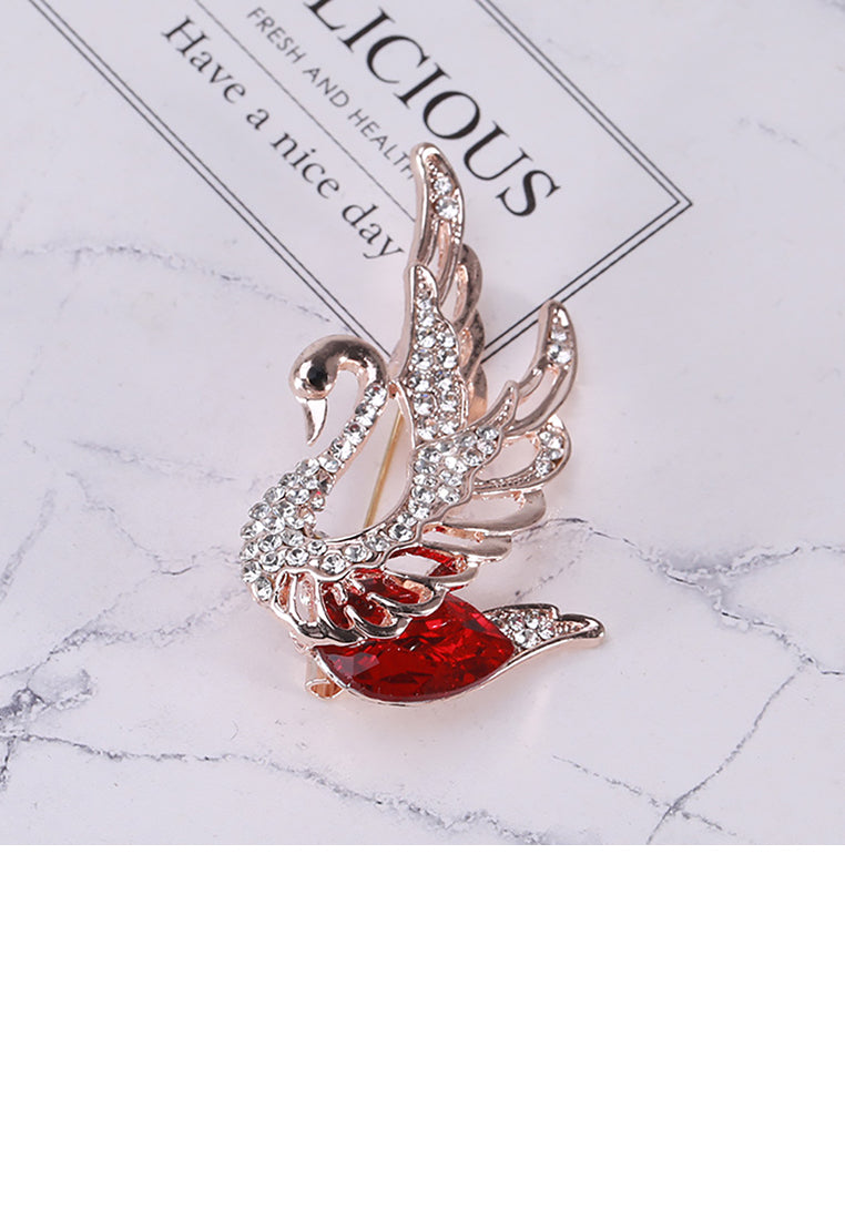 Fashion and Elegant Plated Gold Swan Brooch with Red Cubic Zirconia - Luxurious Look - Vibrant Color