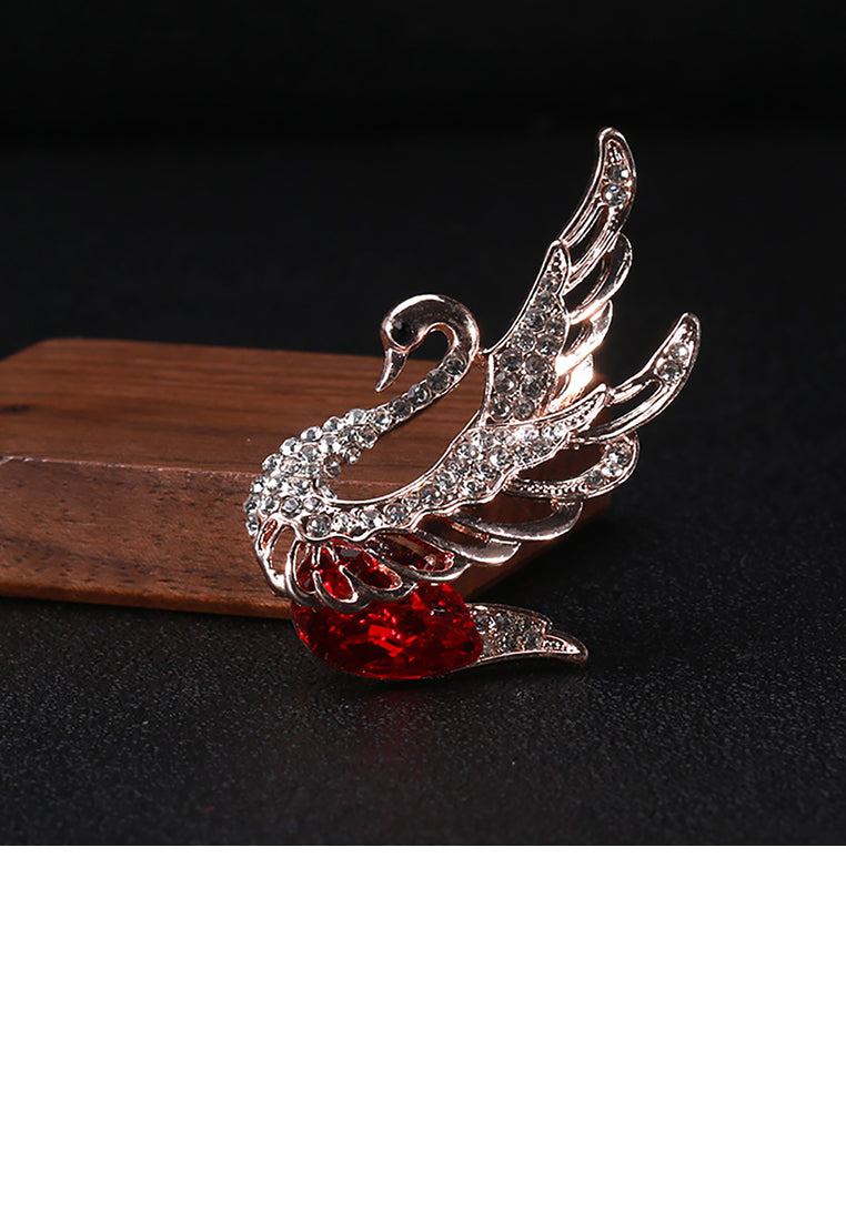 Fashion and Elegant Plated Gold Swan Brooch with Red Cubic Zirconia - Luxurious Look - Vibrant Color