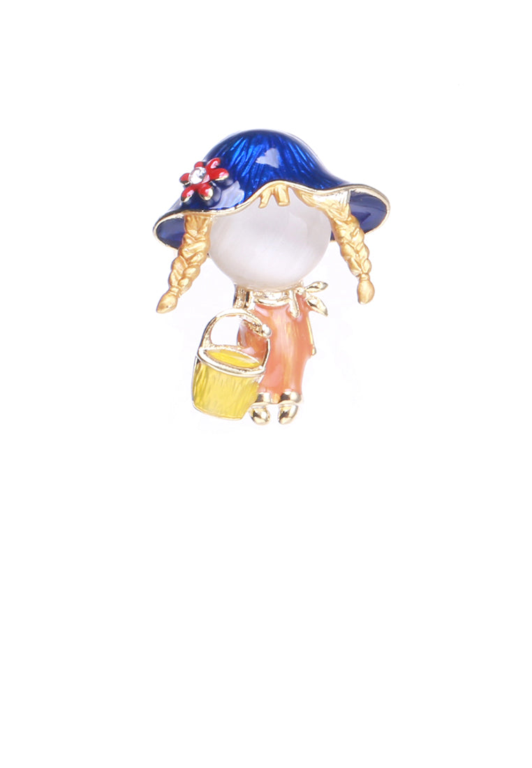 Simple and Cute Plated Gold Enamel Blue Hat Girl Brooch with Imitation Opal
