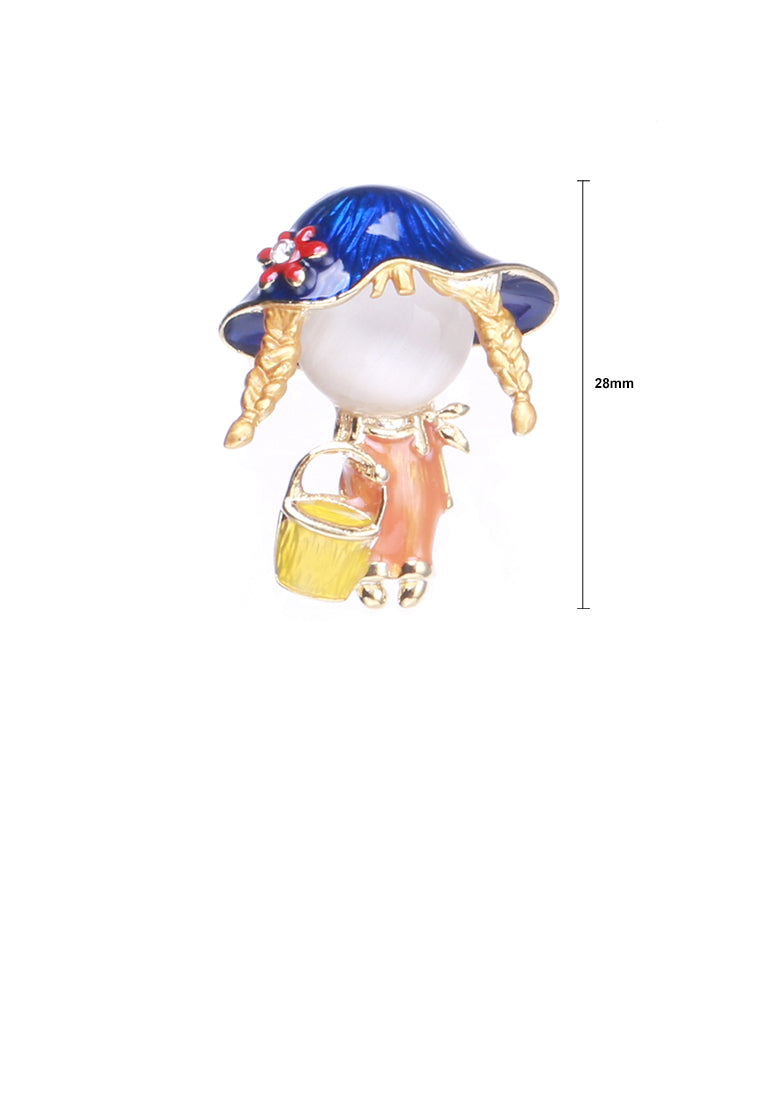 Simple and Cute Plated Gold Enamel Blue Hat Girl Brooch with Imitation Opal