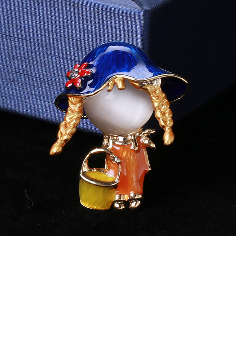 Simple and Cute Plated Gold Enamel Blue Hat Girl Brooch with Imitation Opal
