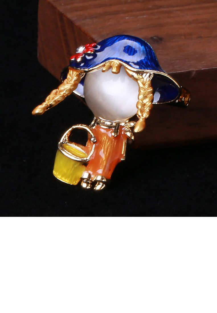 Simple and Cute Plated Gold Enamel Blue Hat Girl Brooch with Imitation Opal
