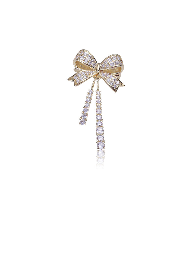 Fashion and Cute Plated Gold Ribbon Tassel Brooch with Cubic Zirconia - Luxurious Look