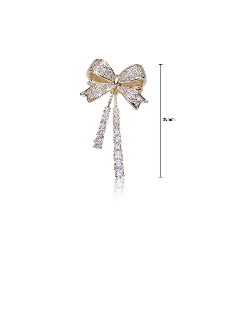 Fashion and Cute Plated Gold Ribbon Tassel Brooch with Cubic Zirconia - Luxurious Look