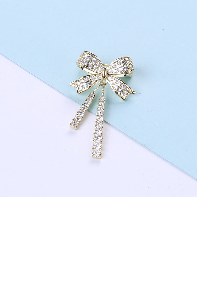 Fashion and Cute Plated Gold Ribbon Tassel Brooch with Cubic Zirconia - Luxurious Look