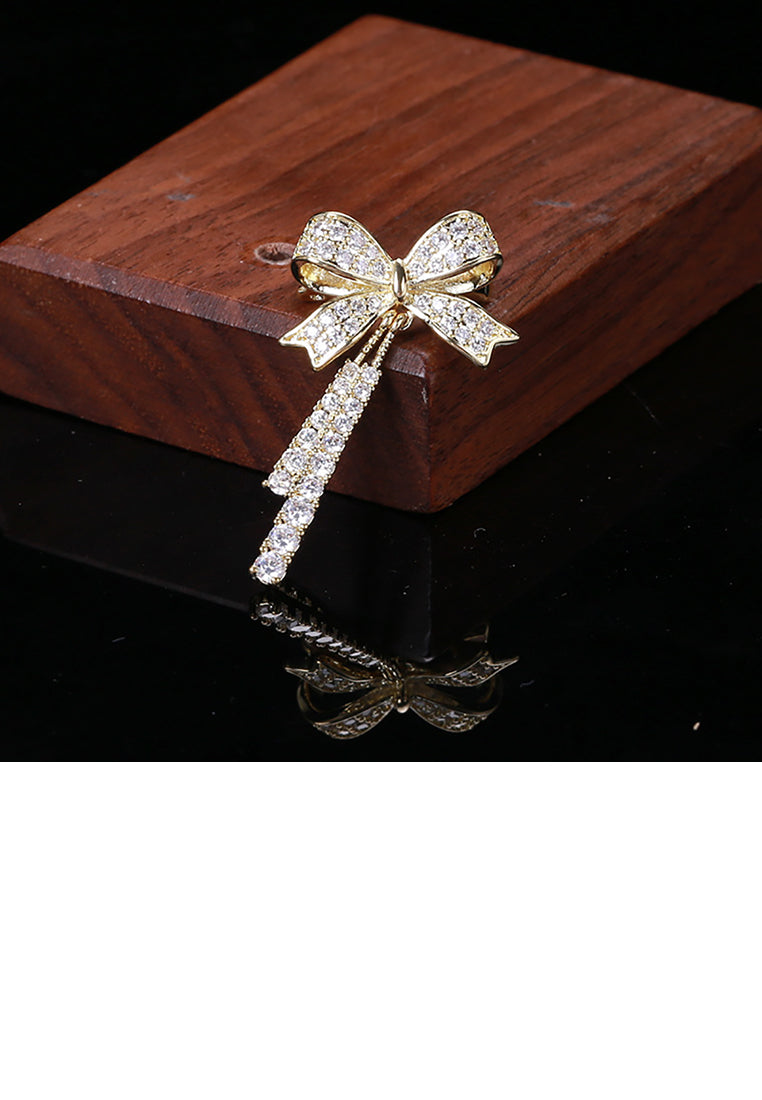 Fashion and Cute Plated Gold Ribbon Tassel Brooch with Cubic Zirconia - Luxurious Look