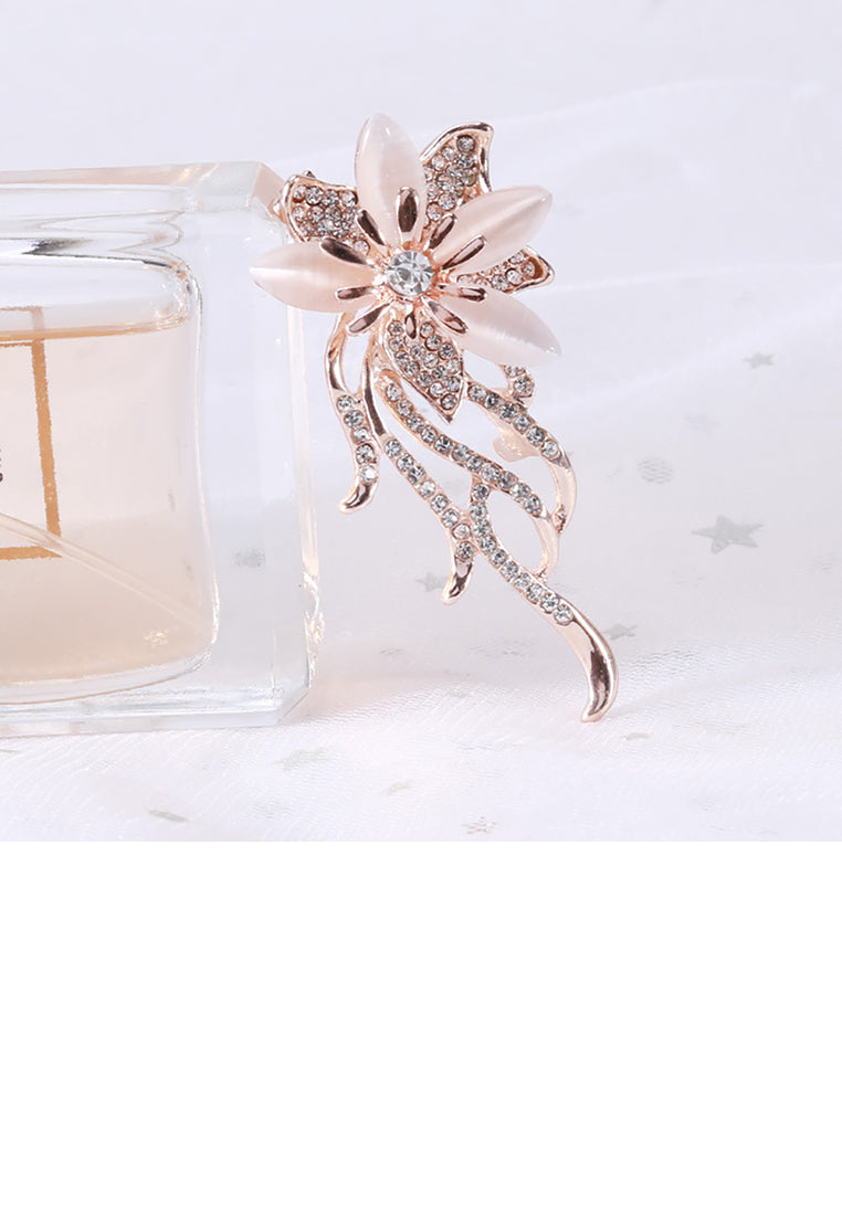 Fashion and Elegant Plated Gold Flower Imitation Opal Tassel Brooch with Cubic Zirconia - Luxurious Look