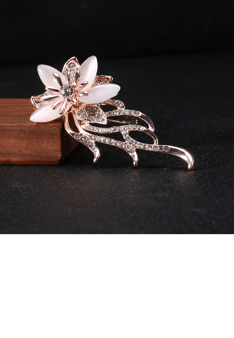 Fashion and Elegant Plated Gold Flower Imitation Opal Tassel Brooch with Cubic Zirconia - Luxurious Look