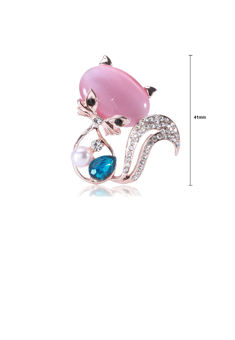 Simple and Fashion Plated Gold Fox Pink Imitation Opal Brooch with Cubic Zirconia - Luxurious Look - Vibrant Color