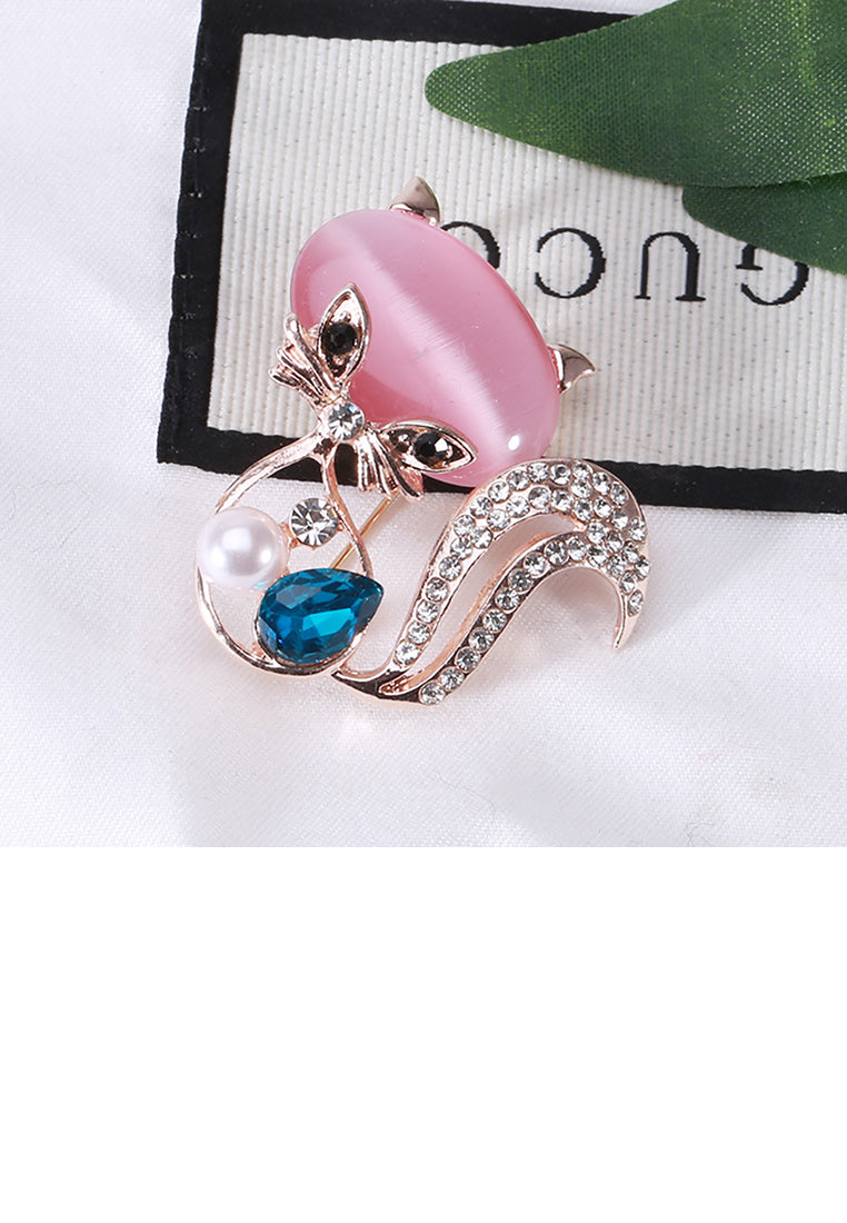 Simple and Fashion Plated Gold Fox Pink Imitation Opal Brooch with Cubic Zirconia - Luxurious Look - Vibrant Color