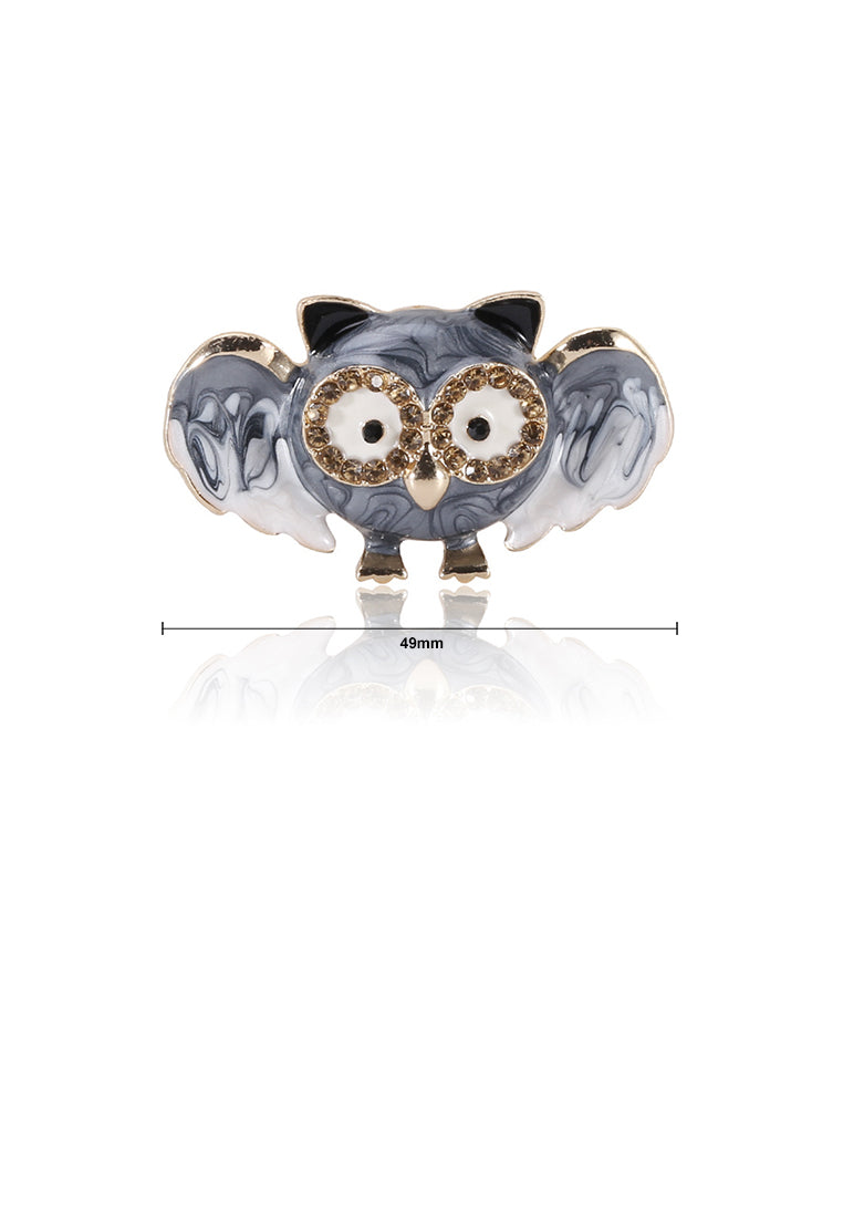 Simple and Cute Plated Gold Enamel Grey Owl Brooch with Champagne Cubic Zirconia - Luxurious Look