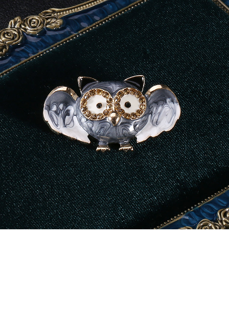 Simple and Cute Plated Gold Enamel Grey Owl Brooch with Champagne Cubic Zirconia - Luxurious Look