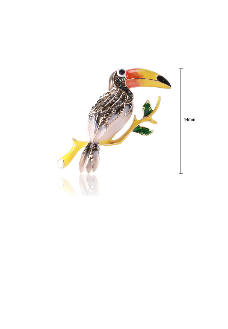 Fashion and Simple Plated Gold Enamel Brown Toucan Brooch with Cubic Zirconia - Luxurious Look - Vibrant Color
