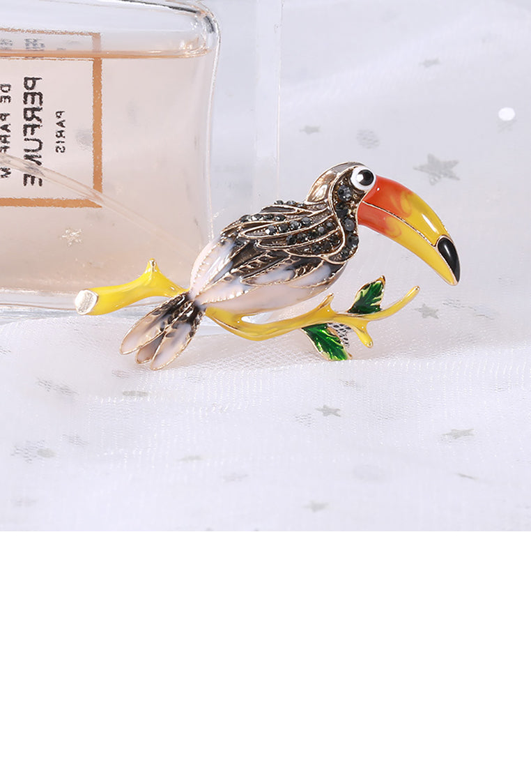 Fashion and Simple Plated Gold Enamel Brown Toucan Brooch with Cubic Zirconia - Luxurious Look - Vibrant Color