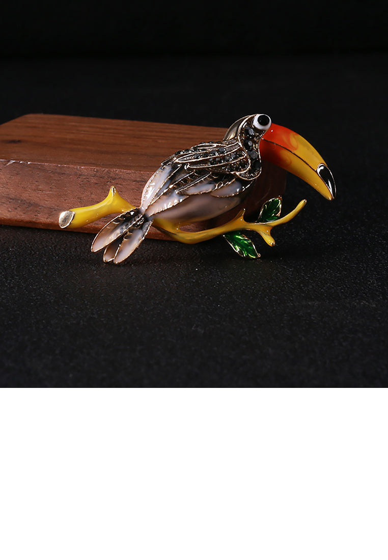 Fashion and Simple Plated Gold Enamel Brown Toucan Brooch with Cubic Zirconia - Luxurious Look - Vibrant Color