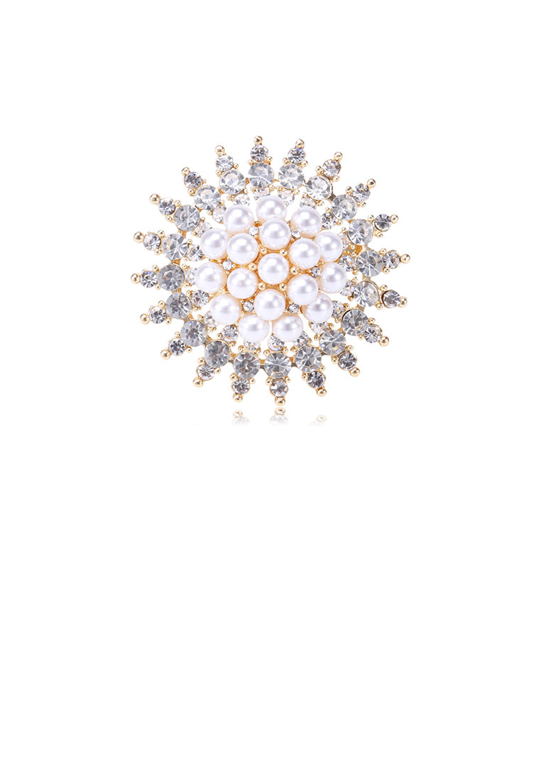 Elegant and Bright Plated Gold Geometric Round Imitation Pearl Brooch with Cubic Zirconia - Luxurious Look