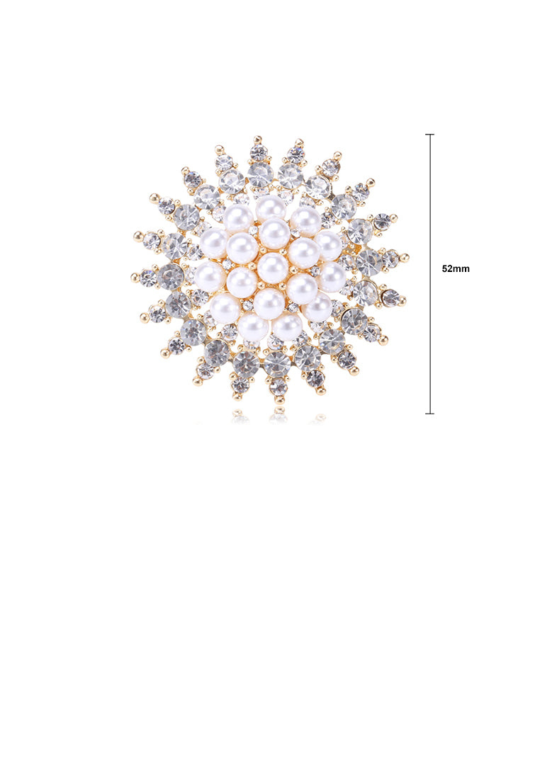 Elegant and Bright Plated Gold Geometric Round Imitation Pearl Brooch with Cubic Zirconia - Luxurious Look