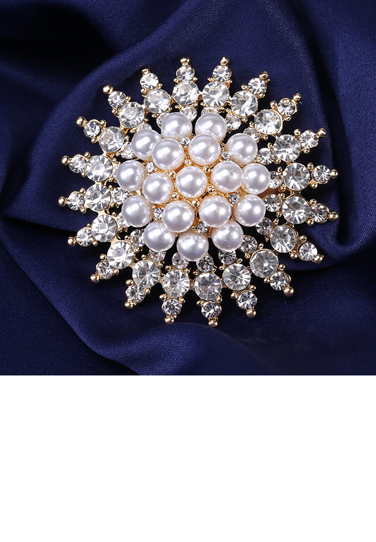 Elegant and Bright Plated Gold Geometric Round Imitation Pearl Brooch with Cubic Zirconia - Luxurious Look