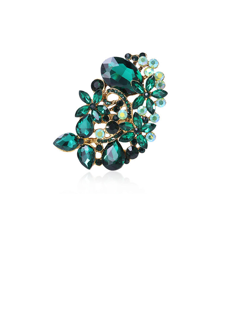 Fashion and Elegant Plated Gold Flower Brooch with Green Cubic Zirconia - Luxurious Look
