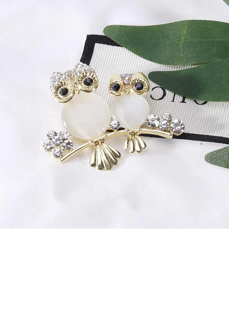 Simple and Cute Plated Gold Owl Imitation Opal Brooch with Cubic Zirconia - Luxurious Look