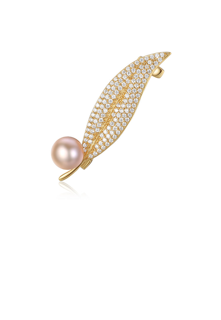 925 Sterling Silver Plated Gold Fashion Elegant Leaves Pink Freshwater Pearl Brooch with Cubic Zirconia - Luxurious Look - Vibrant Color